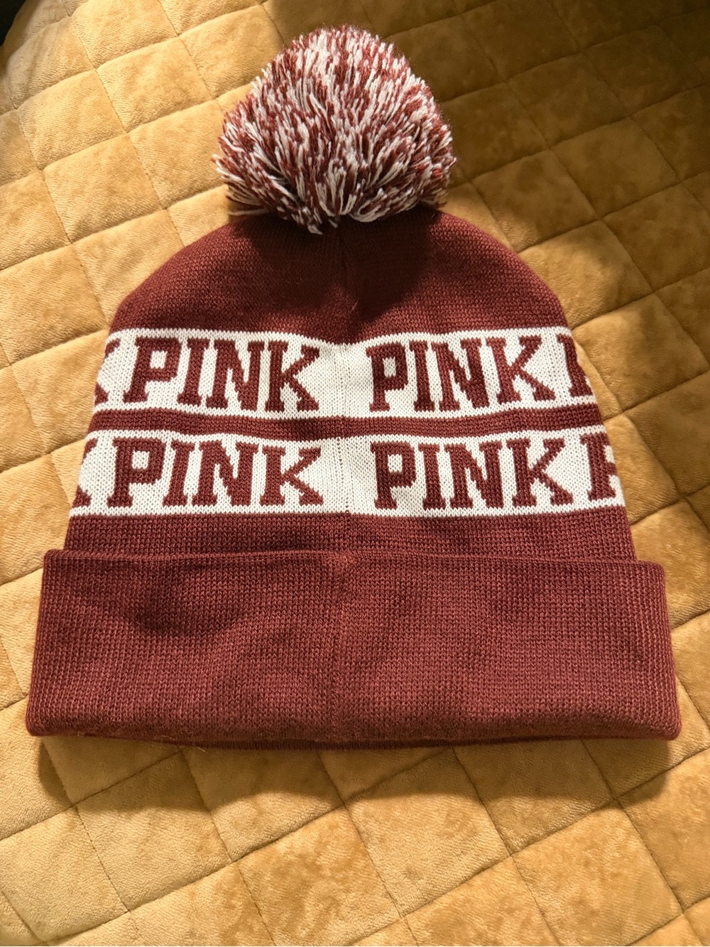 PINK Victoria's Secret Maroon and White Knit Pom Beanie - Women